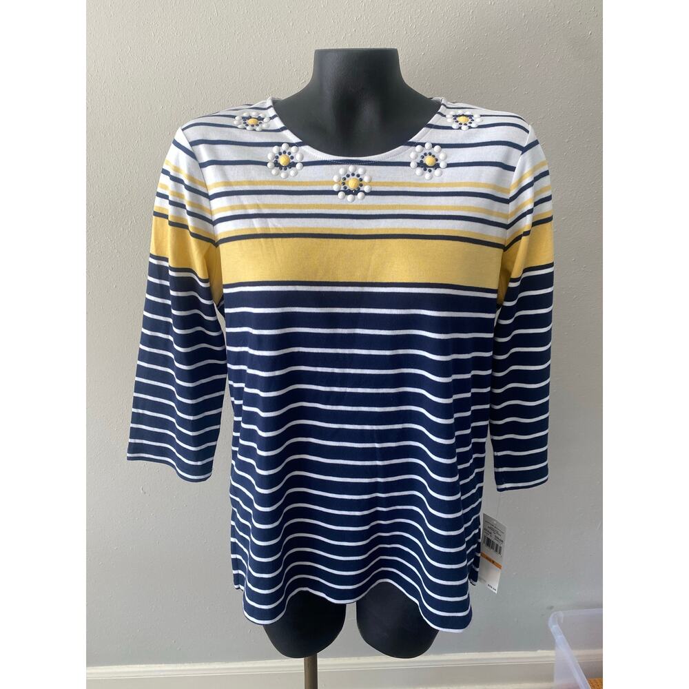 NWT Alfred Dunner Top Sz S Blue/Wt/Yw Stripes Daisy Embellished‎ Coastal Cottage